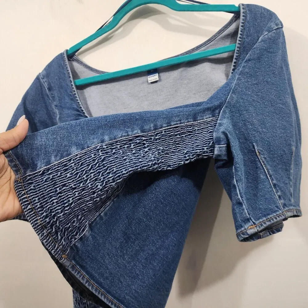 Old Navy Denim Milk Maid Crop Top Blue Square Neck Puff Sleeve Smocked Sides XL